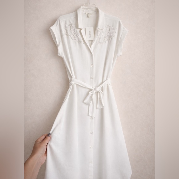 Como Blu White Embroidered Shirt Summer Dress Tie Waist Button Front NWT Large - Picture 5 of 7